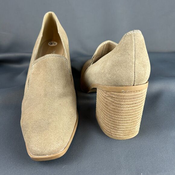 JOIE Wevenly Suede Leather Block Heel Shoes Tan Slip On Loafers Size 9.5 NEW - Picture 16 of 16